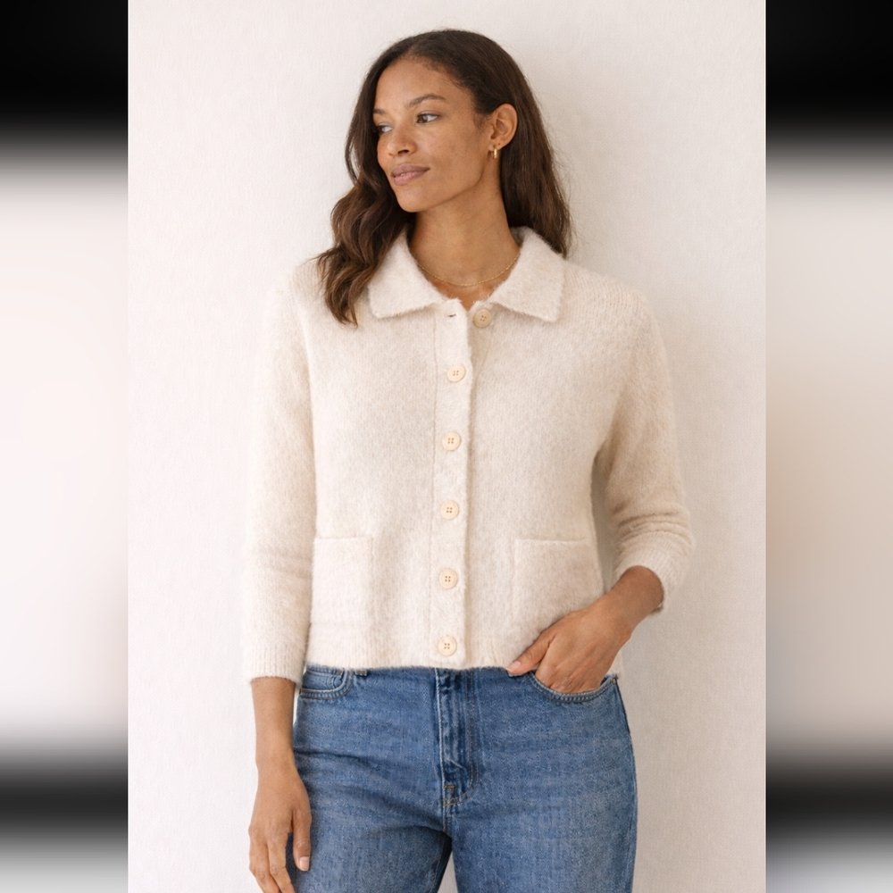 Mango White Fuzzy Button-Down Sweater, EUC